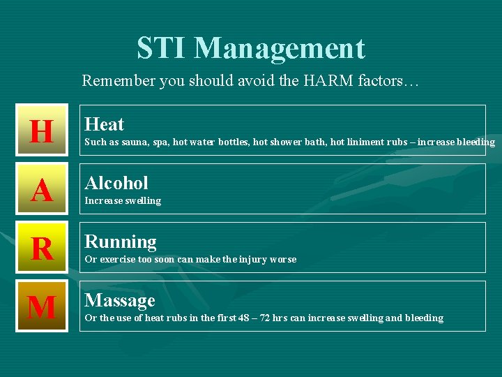STI Management Remember you should avoid the HARM factors… H Heat A Alcohol R