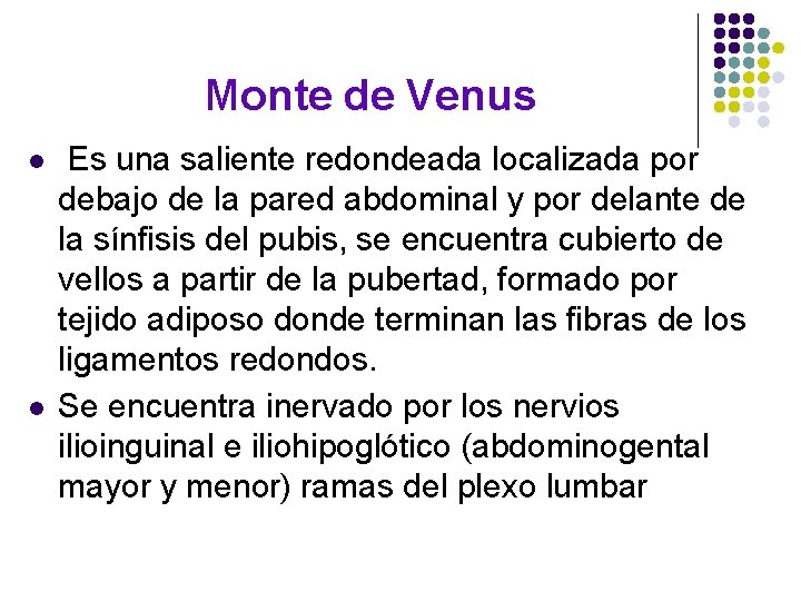 Monte de Venus l l Es una saliente redondeada localizada por debajo de la