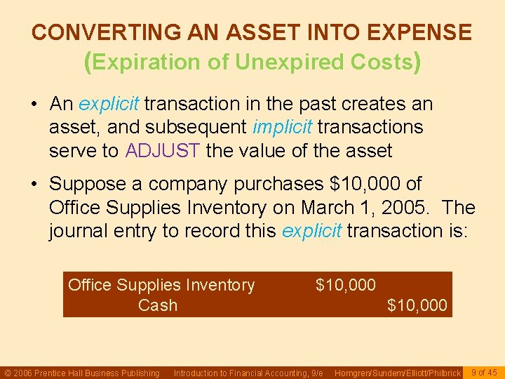 CONVERTING AN ASSET INTO EXPENSE (Expiration of Unexpired Costs) • An explicit transaction in CONVERTING AN ASSET INTO EXPENSE (Expiration of Unexpired Costs) • An explicit transaction in