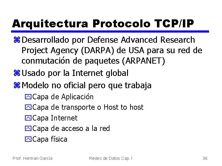 Arquitectura Protocolo TCP/IP z Desarrollado por Defense Advanced Research Project Agency (DARPA) de USA