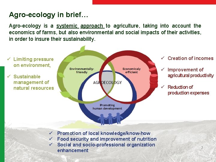 Agro-ecology in brief… Agro-ecology is a systemic approach to agriculture, taking into account the