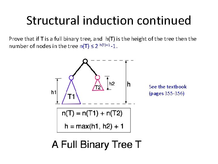 Structural induction continued Prove that if T is a full binary tree, and h(T)