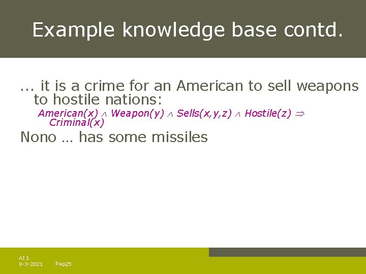 Example knowledge base contd. . it is a crime for an American to sell