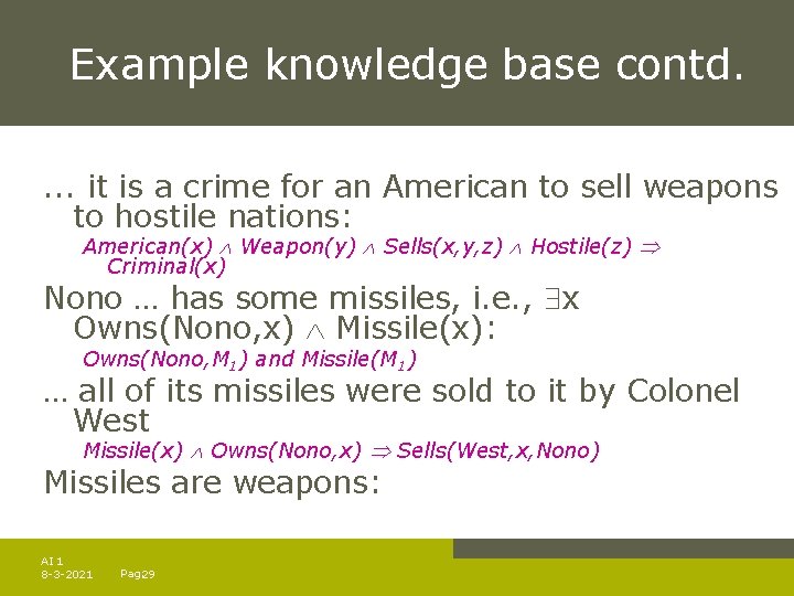 Example knowledge base contd. . it is a crime for an American to sell