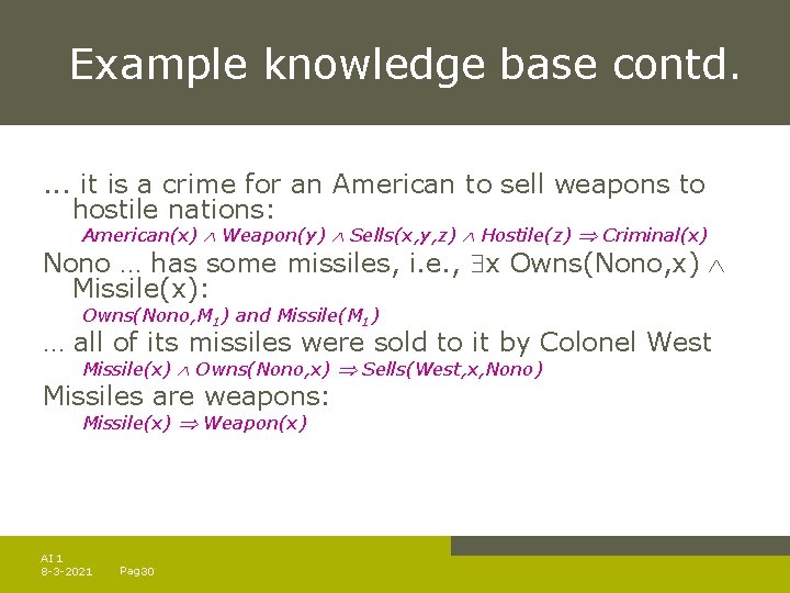 Example knowledge base contd. . it is a crime for an American to sell