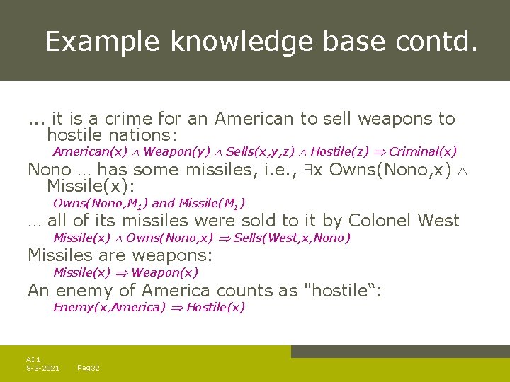 Example knowledge base contd. . it is a crime for an American to sell