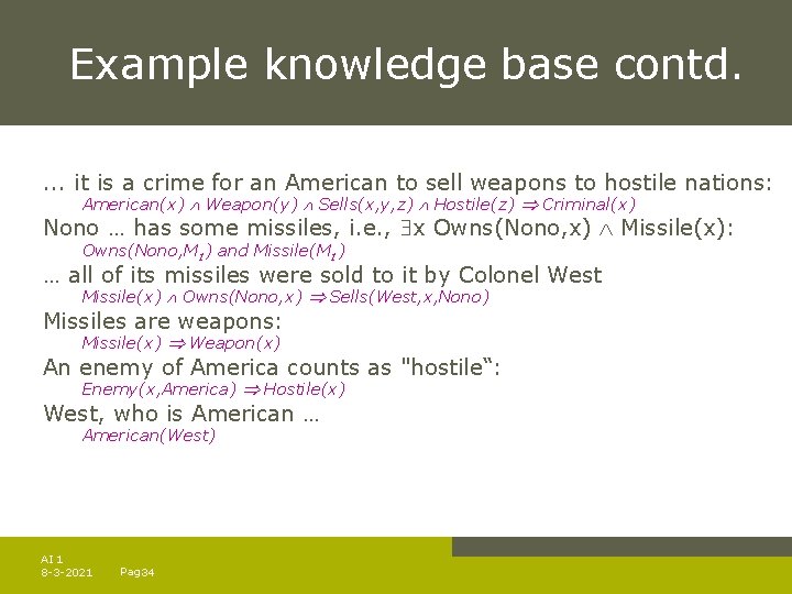 Example knowledge base contd. . it is a crime for an American to sell