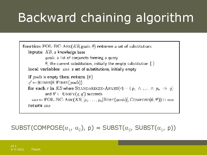 Backward chaining algorithm SUBST(COMPOSE( 1, 2), p) = SUBST( 2, SUBST( 1, p)) AI