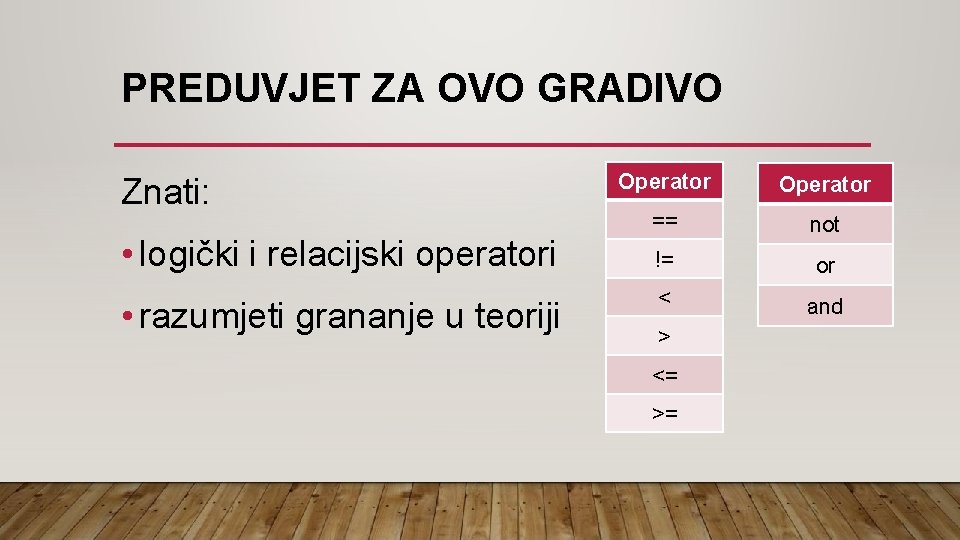 PREDUVJET ZA OVO GRADIVO Znati: • logički i relacijski operatori • razumjeti grananje u