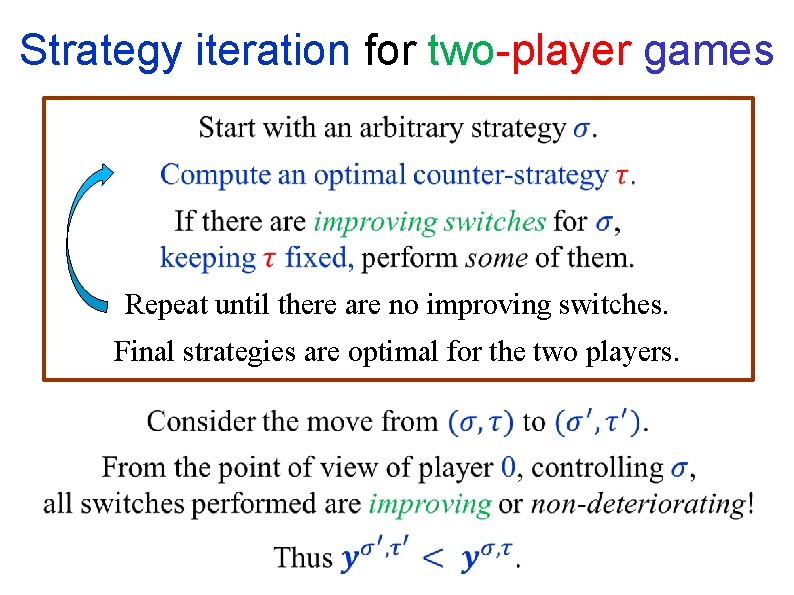 Strategy iteration for two-player games Repeat until there are no improving switches. Final strategies