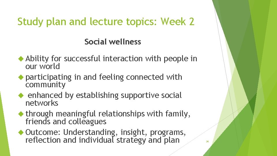 Study plan and lecture topics: Week 2 Social wellness Ability for successful interaction with