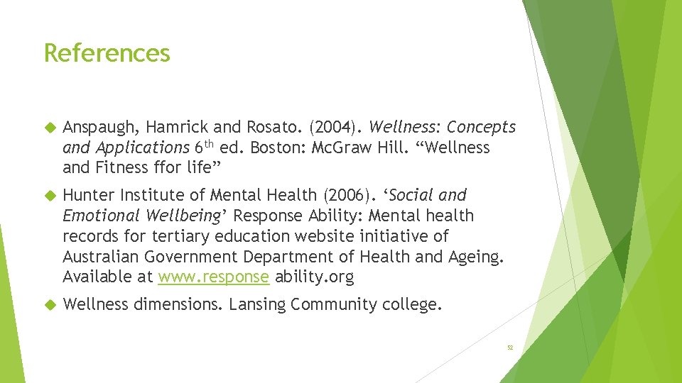 References Anspaugh, Hamrick and Rosato. (2004). Wellness: Concepts and Applications 6 th ed. Boston: