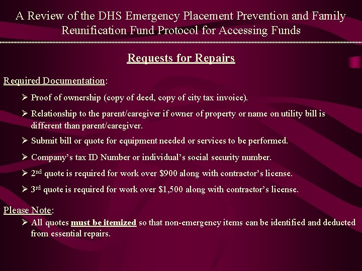 A Review of the DHS Emergency Placement Prevention and Family Reunification Fund Protocol for
