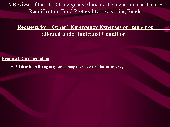 A Review of the DHS Emergency Placement Prevention and Family Reunification Fund Protocol for