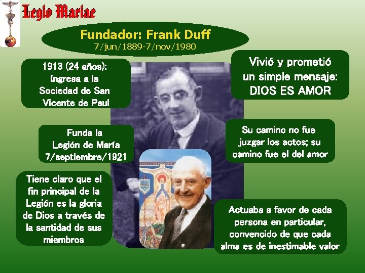 Fundador: Frank Duff 7/jun/1889 -7/nov/1980 1913 (24 años): Ingresa a la Sociedad de San