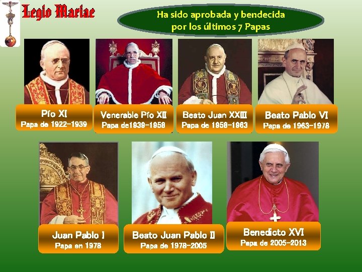 Ha sido aprobada y bendecida por los últimos 7 Papas Pío XI Venerable Pío