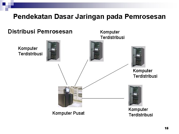 Pendekatan Dasar Jaringan pada Pemrosesan Distribusi Pemrosesan Komputer Terdistribusi Komputer Pusat Komputer Terdistribusi 15