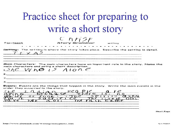 Practice sheet for preparing to write a short story 