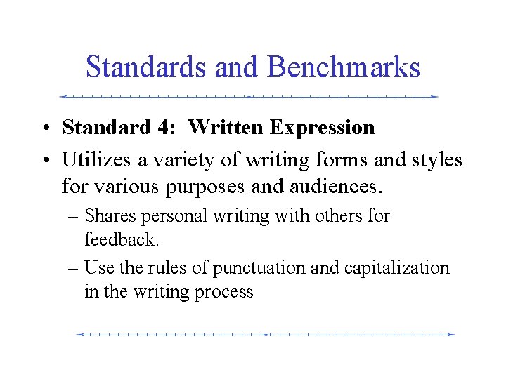 Standards and Benchmarks • Standard 4: Written Expression • Utilizes a variety of writing