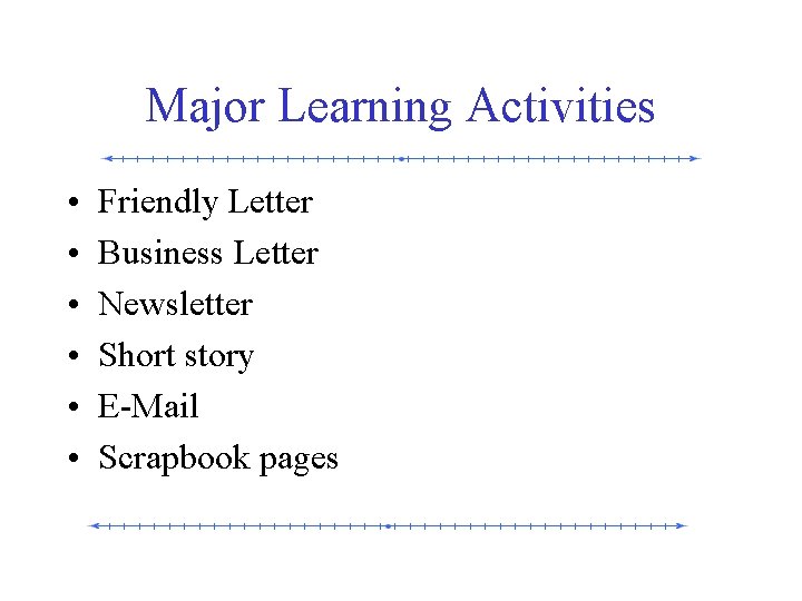 Major Learning Activities • • • Friendly Letter Business Letter Newsletter Short story E-Mail