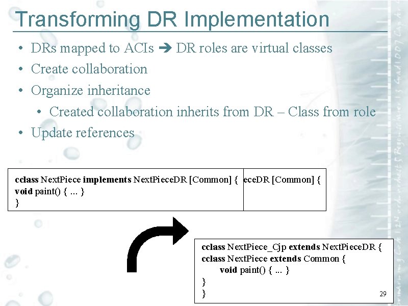 Transforming DR Implementation ____________________________ • DRs mapped to ACIs DR roles are virtual classes