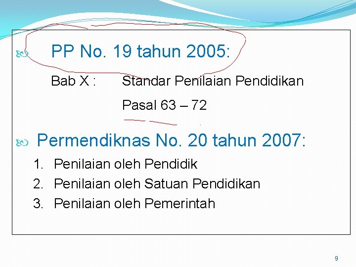  PP No. 19 tahun 2005: Bab X : Standar Penilaian Pendidikan Pasal 63