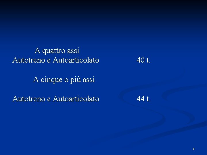 A quattro assi Autotreno e Autoarticolato 40 t. A cinque o più assi Autotreno A quattro assi Autotreno e Autoarticolato 40 t. A cinque o più assi Autotreno