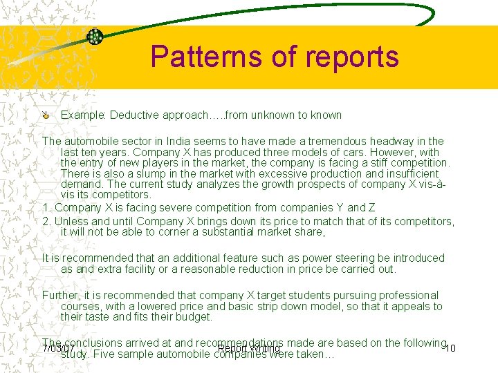 Patterns of reports Example: Deductive approach…. . from unknown to known The automobile sector