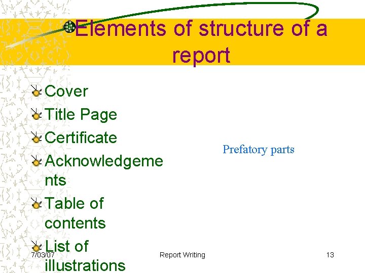 Elements of structure of a report Cover Title Page Certificate Acknowledgeme nts Table of