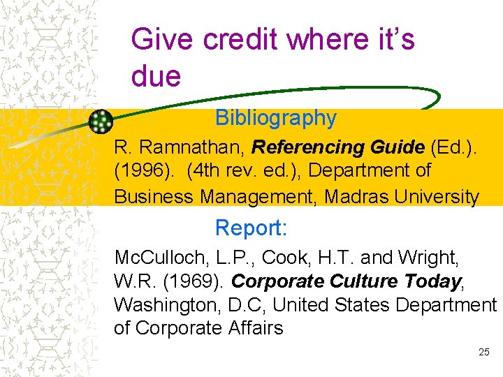 Give credit where it’s due Bibliography: R. Ramnathan, Referencing Guide (Ed. ). (1996). (4