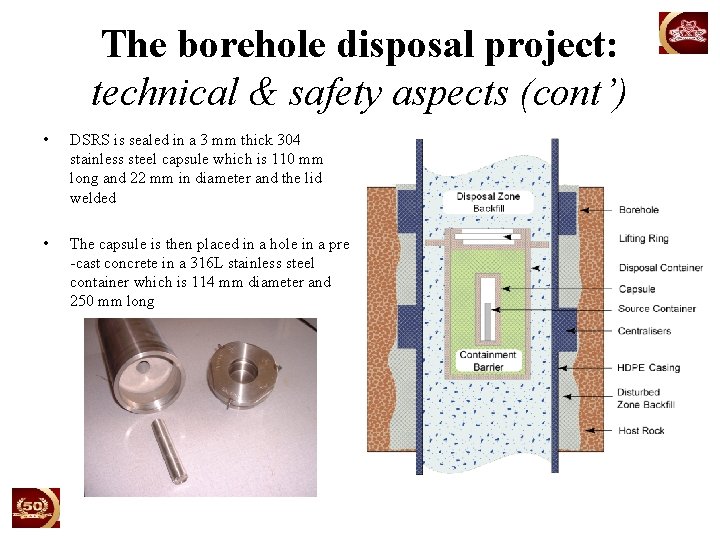The borehole disposal project: technical & safety aspects (cont’) • DSRS is sealed in