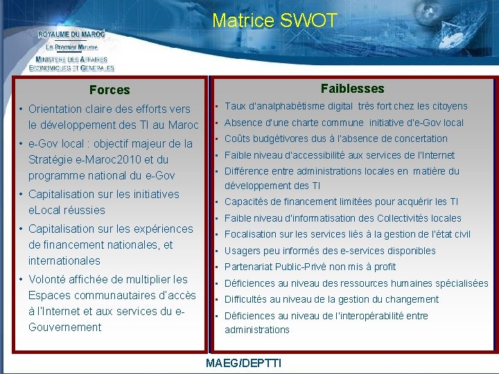 Matrice SWOT Faiblesses Forces • Orientation claire des efforts vers le développement des TI