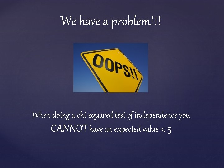 We have a problem!!! When doing a chi-squared test of independence you CANNOT have
