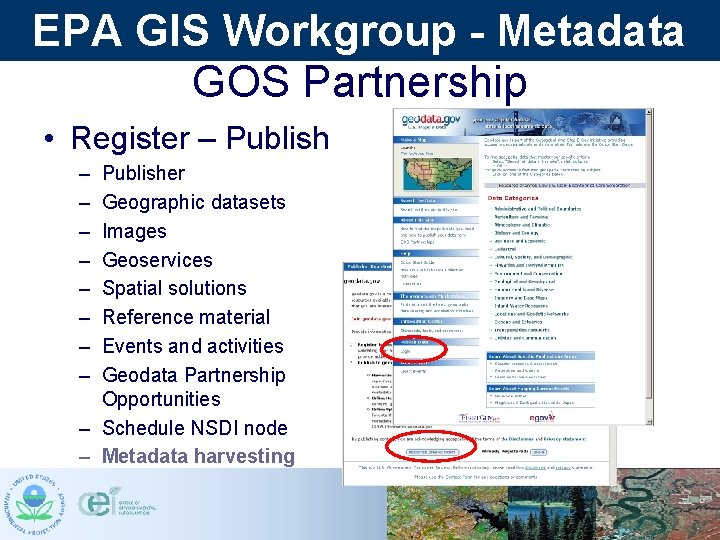 EPA GIS Workgroup - Metadata GOS Partnership • Register – Publish – – – EPA GIS Workgroup - Metadata GOS Partnership • Register – Publish – – –