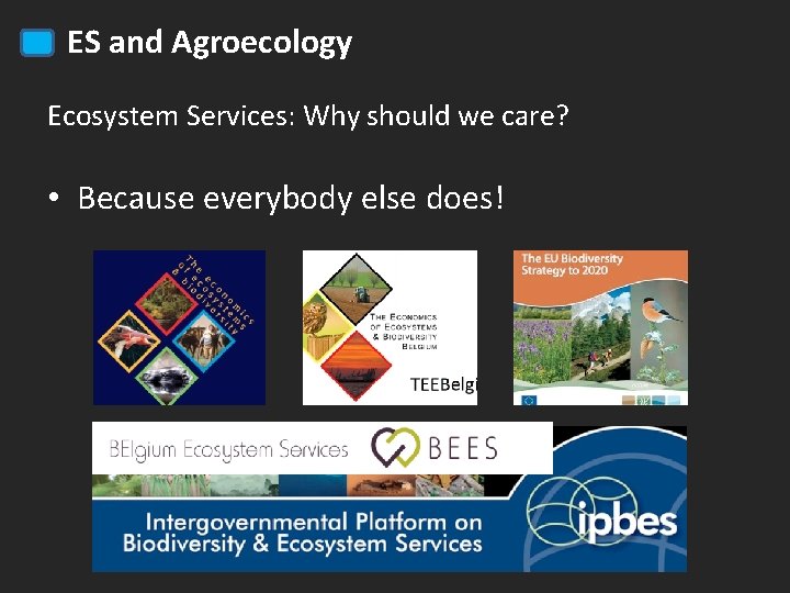 ES and Agroecology Ecosystem Services: Why should we care? • Because everybody else does!