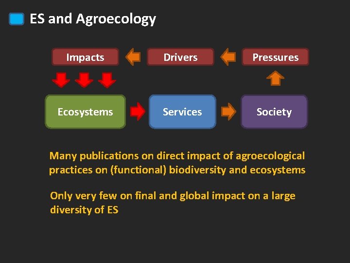 ES and Agroecology Impacts Drivers Pressures Ecosystems Services Society Many publications on direct impact