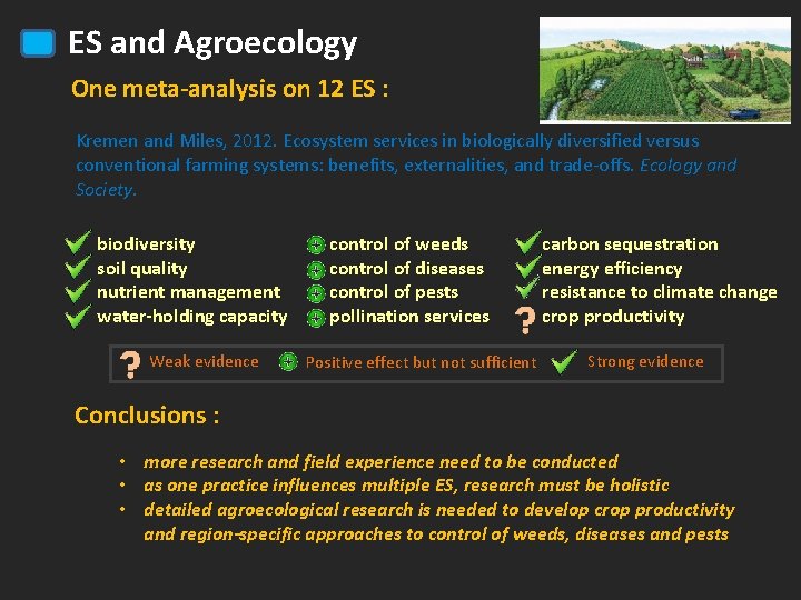 ES and Agroecology One meta-analysis on 12 ES : Kremen and Miles, 2012. Ecosystem