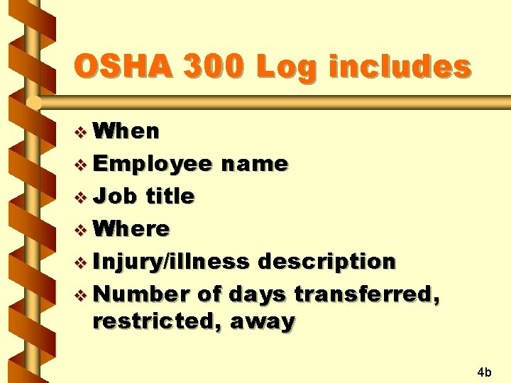 OSHA 300 Log includes v When v Employee v Job name title v Where