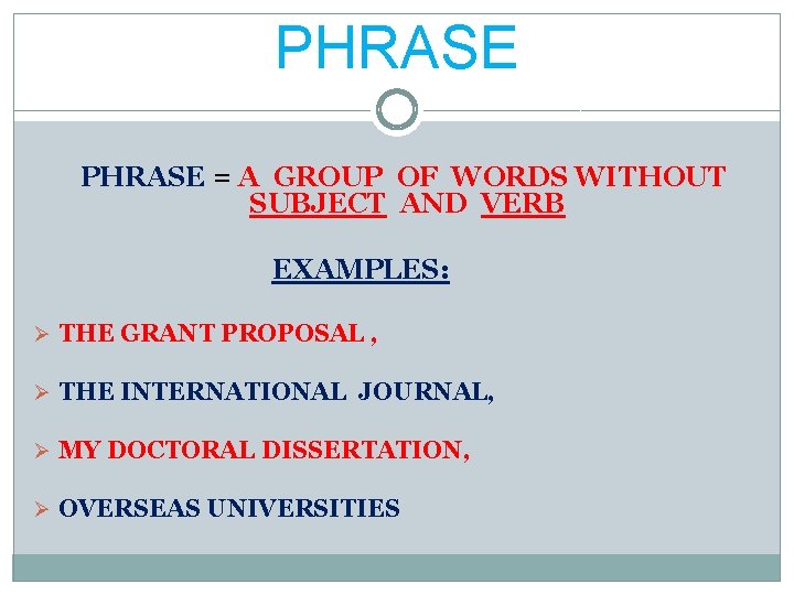 PHRASE PHRASE = A GROUP OF WORDS WITHOUT SUBJECT AND VERB EXAMPLES: Ø THE