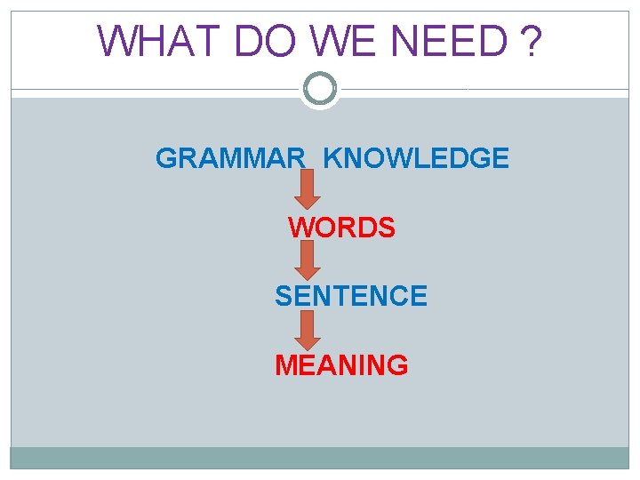 WHAT DO WE NEED ? GRAMMAR KNOWLEDGE WORDS SENTENCE MEANING 