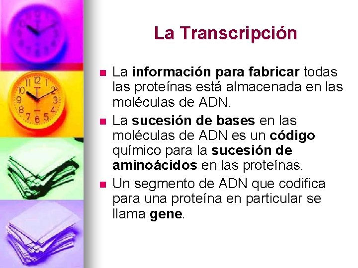La Transcripción n La información para fabricar todas las proteínas está almacenada en las