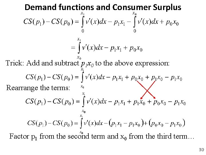 Demand functions and Consumer Surplus Trick: Add and subtract p 1 x 0 to