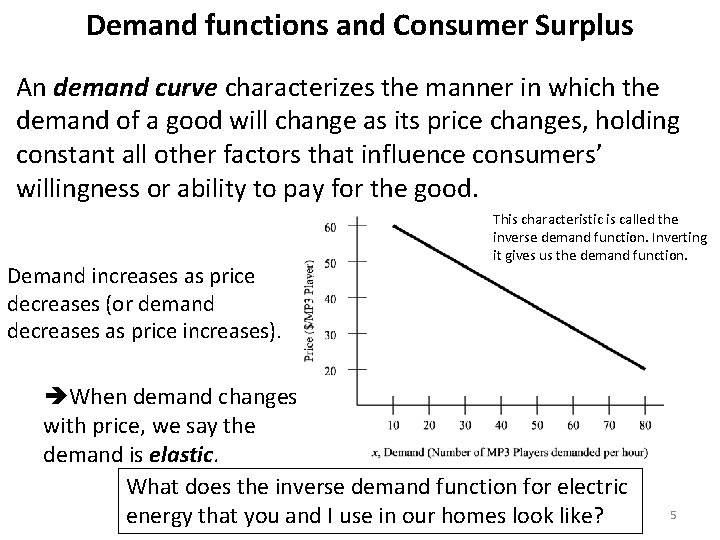 Demand functions and Consumer Surplus An demand curve characterizes the manner in which the