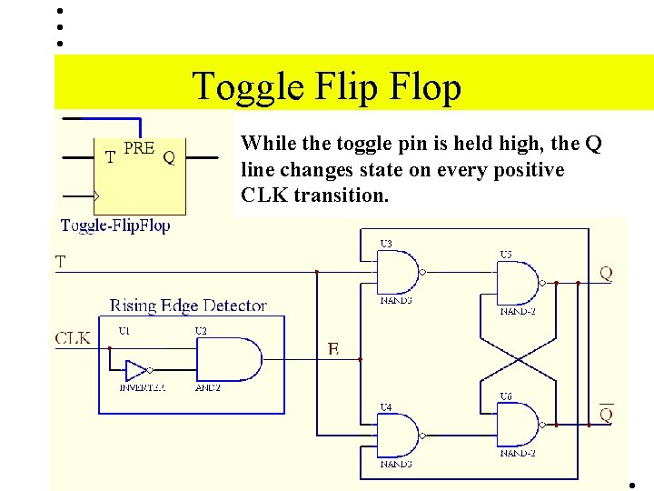 Toggle Flip Flop While the toggle pin is held high, the Q line changes Toggle Flip Flop While the toggle pin is held high, the Q line changes