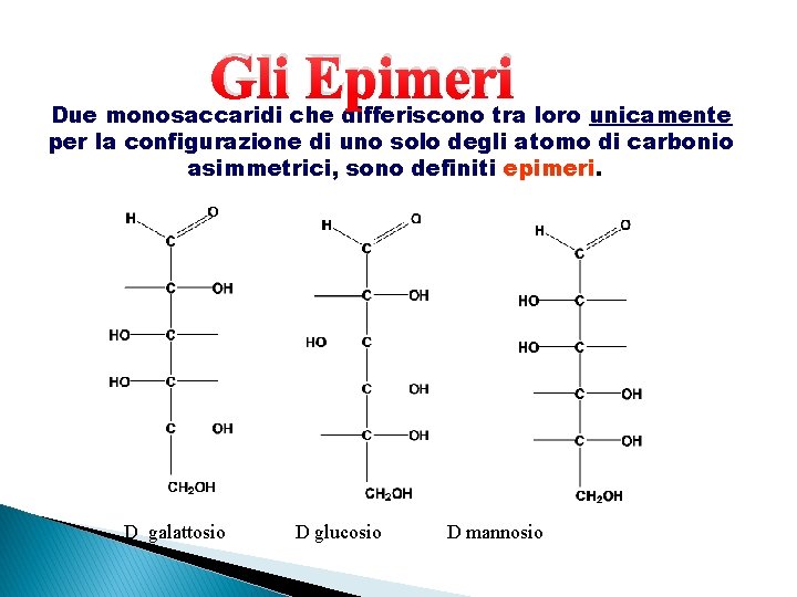 Gli Epimeri Due monosaccaridi che differiscono tra loro unicamente per la configurazione di uno