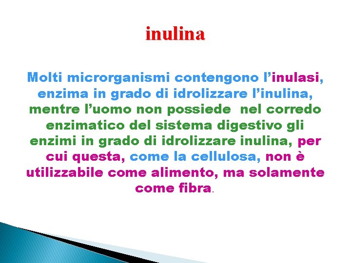 inulina Molti microrganismi contengono l’inulasi, enzima in grado di idrolizzare l’inulina, mentre l’uomo non