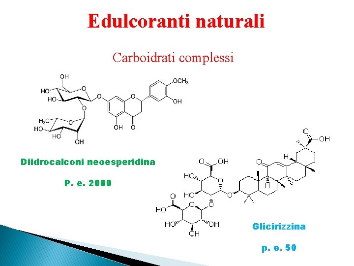 Edulcoranti naturali Carboidrati complessi Diidrocalconi neoesperidina P. e. 2000 Glicirizzina p. e. 50 