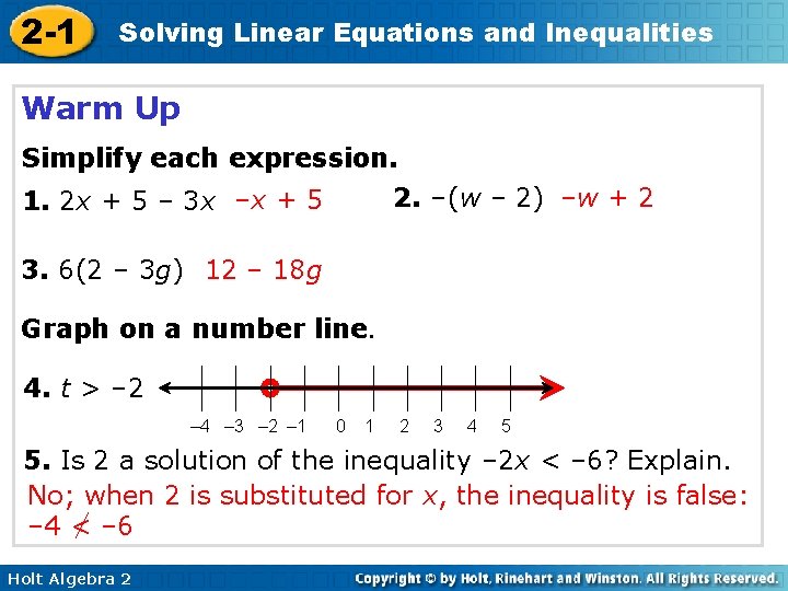 2 -1 Solving Linear Equations and Inequalities Warm Up Simplify each expression. 2. –(w
