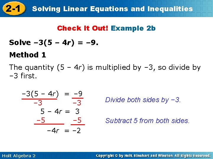 2 -1 Solving Linear Equations and Inequalities Check It Out! Example 2 b Solve