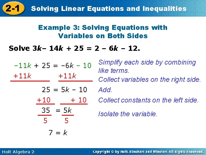 2 -1 Solving Linear Equations and Inequalities Example 3: Solving Equations with Variables on